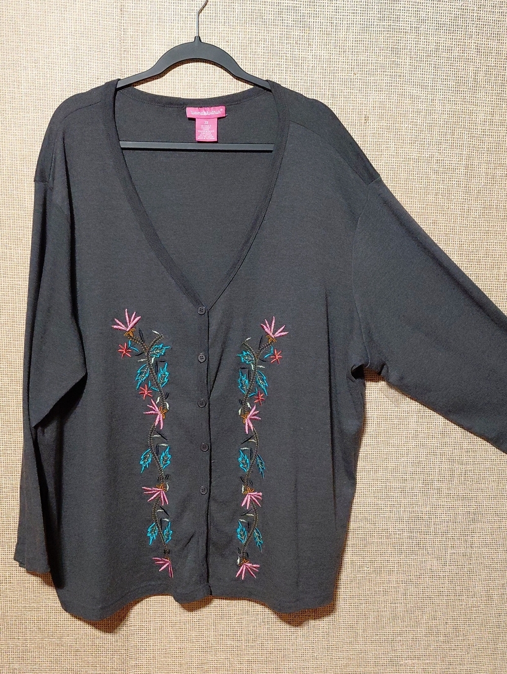 Woman Within Black V-Neck Cardigan with Teal & Pink Floral Embroidery